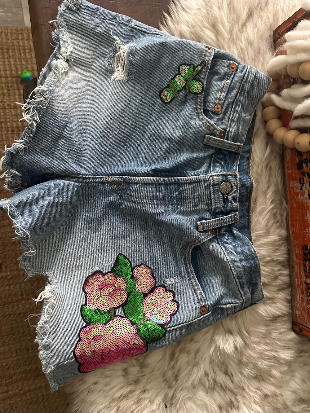 Levi’s Denim Floral Sequin Women's Shorts - Light Blue